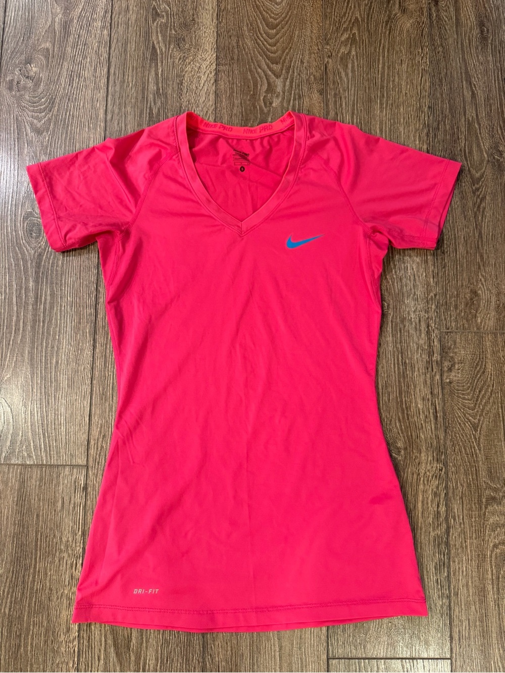 Nike Women's Short Sleeve V-Neck Top - Bright Pink with Blue Swoosh